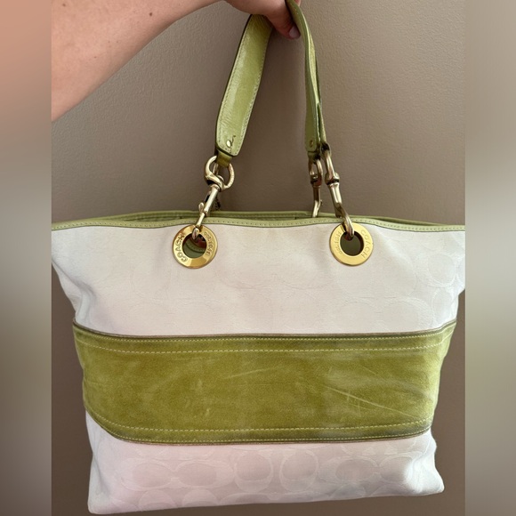 Coach Vintage Signature Tote Bag with Suede and Leather Trim -Ecru and Lime - Picture 2 of 15
